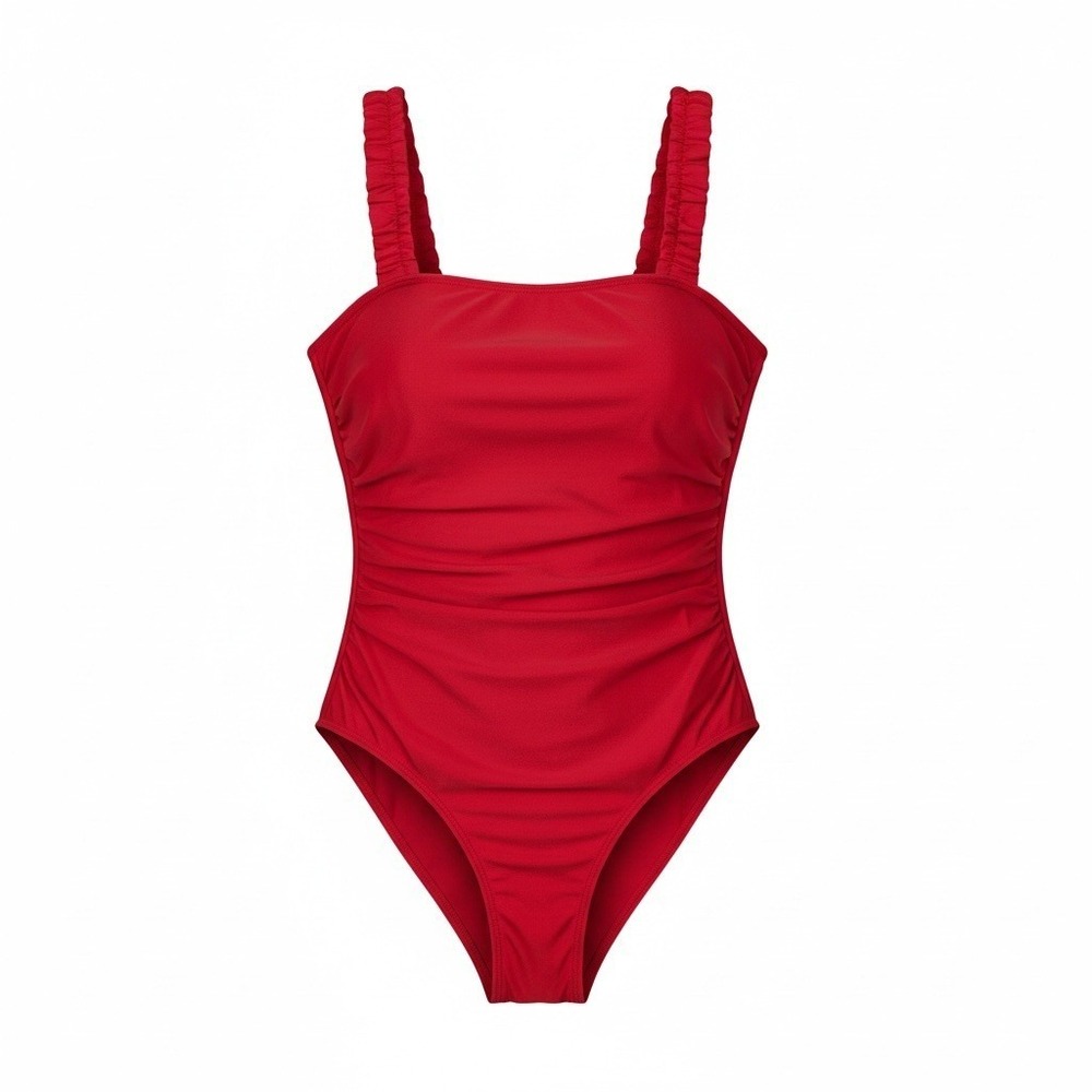 Red Ruched One Piece Swimsuit Square Neck‎ Adjustable Straps Womens Size M
